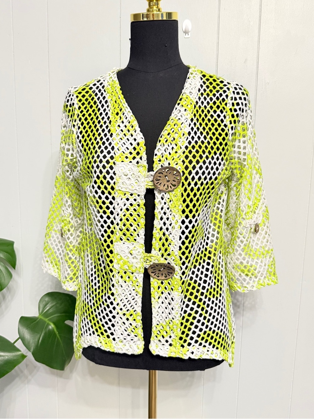 #9)  Nina Leonard Neon Lime and White Crochet Openwork Top